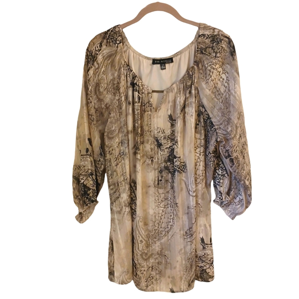 Sara Michelle Woman Black And Beige Paisley Peasant Top Size 2 X